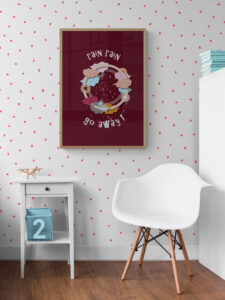Rain Rain Go Away Burgundy Sky Hoop poster in a warm brown kids bedroom