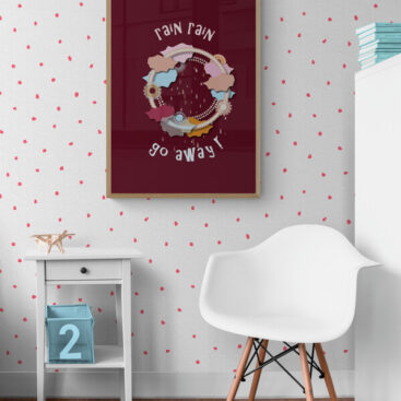 Rain Rain Go Away Burgundy Sky Hoop poster in a warm brown kids bedroom