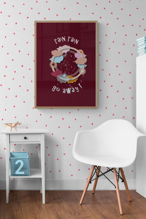 Rain Rain Go Away Burgundy Sky Hoop poster in a warm brown kids bedroom