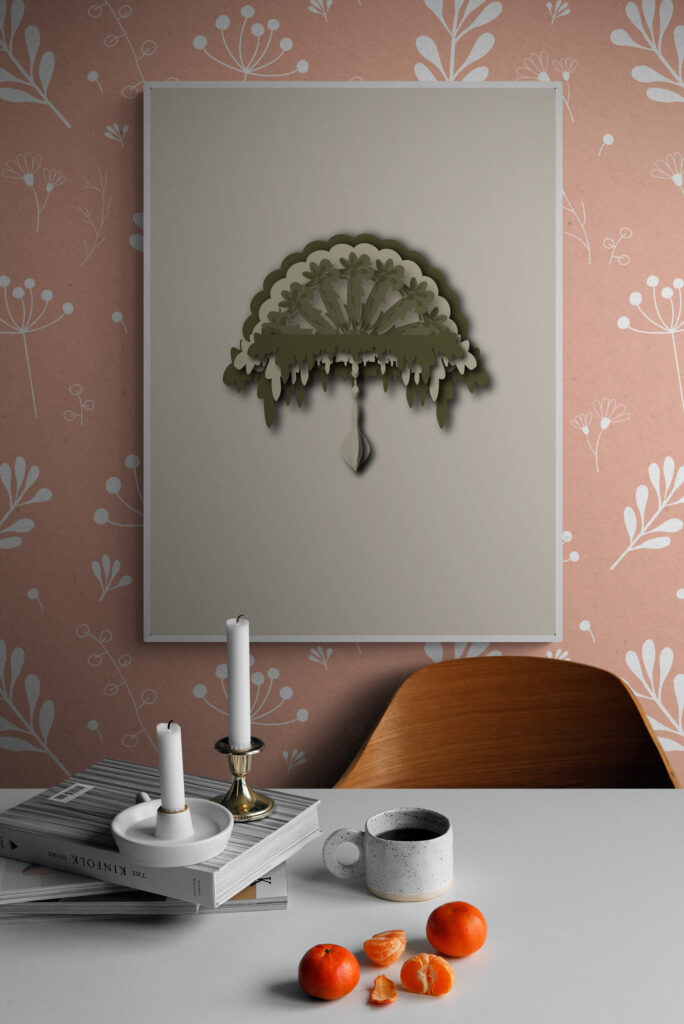 green ornamental poster over the kitchen table