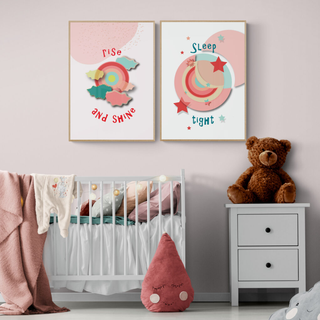 Children's wall art set: "The Sky Talks" series includes "Red Sun Rise and Shine" (red sun) and "Red Moon Night Night" (crescent moon) posters.