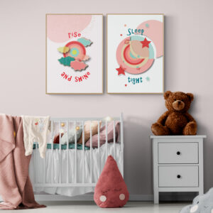 Children's wall art set: "The Sky Talks" series includes "Red Sun Rise and Shine" (red sun) and "Red Moon Night Night" (crescent moon) posters.