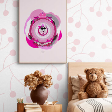 Magenta Supersister Cat poster hangs in a vintage girl's room. The playful cartoon cat, with a pink and purple color scheme and a decorative bobbin on her head, contrasts with the delicate floral wallpaper. A brown teddy bear sits on a brown side table next to the poster