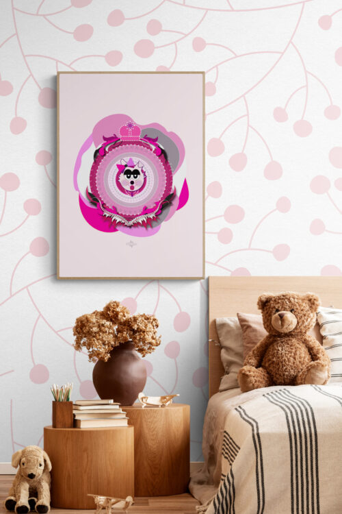 Magenta Supersister Cat poster hangs in a vintage girl's room. The playful cartoon cat, with a pink and purple color scheme and a decorative bobbin on her head, contrasts with the delicate floral wallpaper. A brown teddy bear sits on a brown side table next to the poster