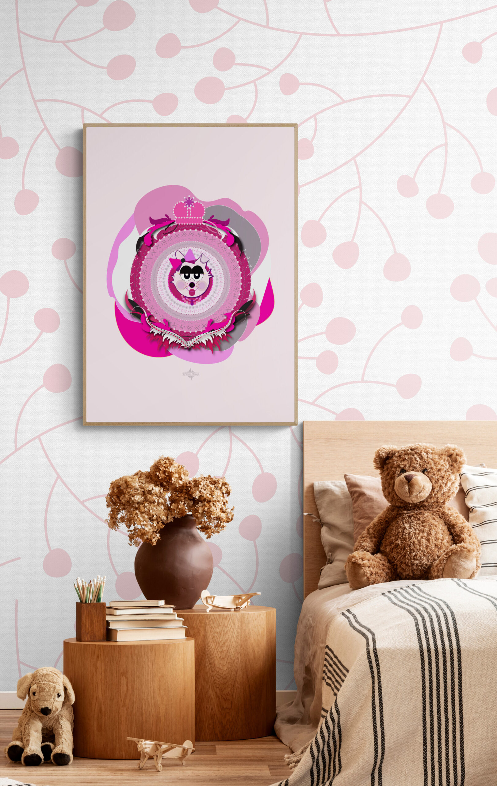 Magenta Supersister Cat poster hangs in a vintage girl's room. The playful cartoon cat, with a pink and purple color scheme and a decorative bobbin on her head, contrasts with the delicate floral wallpaper. A brown teddy bear sits on a brown side table next to the poster