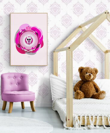 Magenta Superbaby Cat, a wide-eyed kitten with a big, cute soother. The poster hangs in a cozy toddler's bedroom with low-bed, filled with fluffy teddy bears, creating a super sweet and calming atmosphere