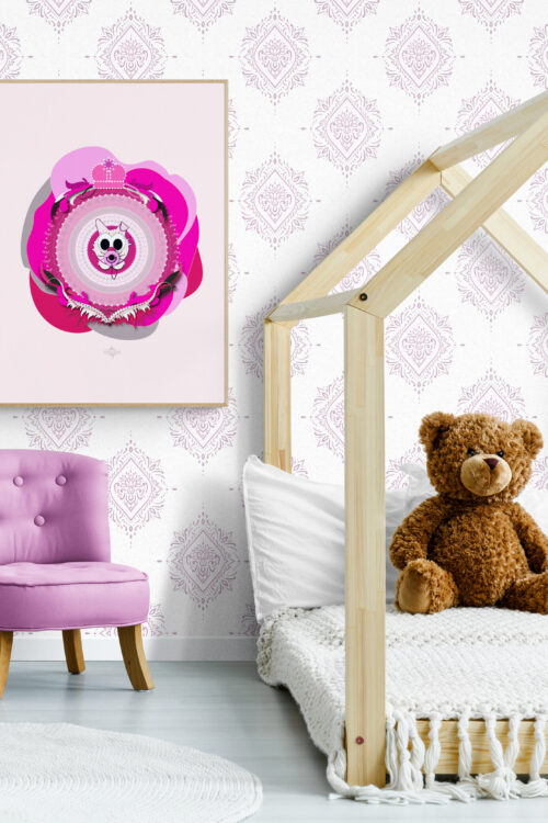 Magenta Superbaby Cat, a wide-eyed kitten with a big, cute soother. The poster hangs in a cozy toddler's bedroom with low-bed, filled with fluffy teddy bears, creating a super sweet and calming atmosphere