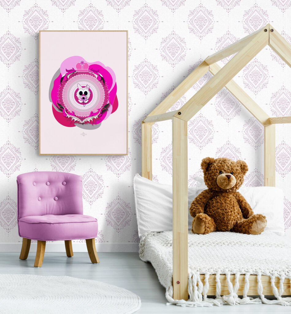 Magenta Superbaby Cat, a wide-eyed kitten with a big, cute soother. The poster hangs in a cozy toddler's bedroom with low-bed, filled with fluffy teddy bears, creating a super sweet and calming atmosphere