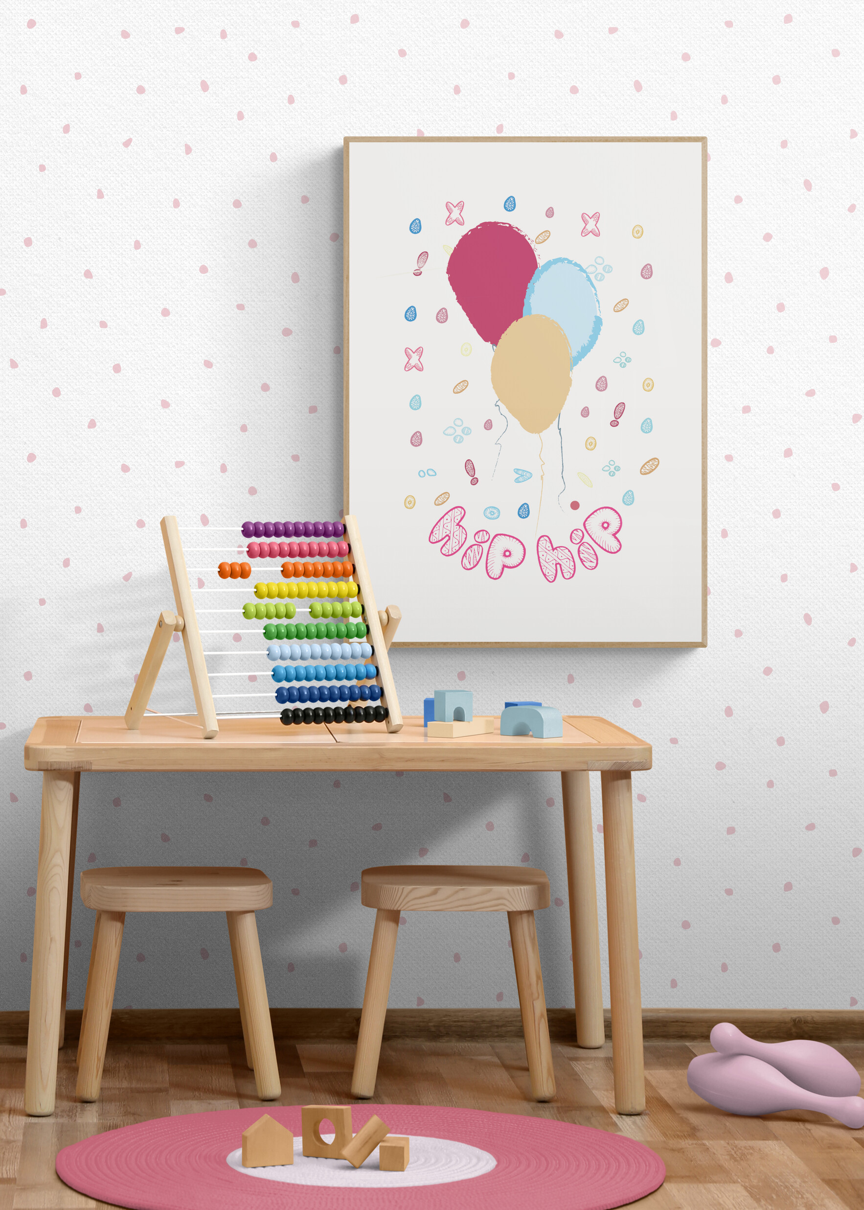 Kid's room wall art: "Hip Hop" poster from the Summer Collection for kids. This fun poster showcases colorful balloons in a playroom setting.