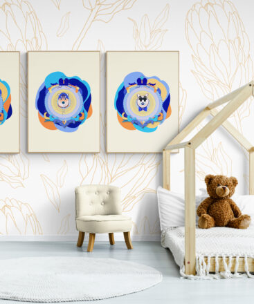 Colorful superhero cat posters in a cozy toddler's room. The central poster features a determined Superbrother Cat. Flanking Superbrother Cat are playful posters of Supersister Cat and Superdad Cat in yellow. The posters hang on a striped wall above a colorful toy box in a child's bedroom.