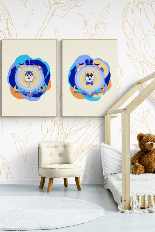 Colorful superhero cat posters in a cozy toddler's room. The central poster features a determined Superbrother Cat. Flanking Superbrother Cat are playful posters of Supersister Cat and Superdad Cat in yellow. The posters hang on a striped wall above a colorful toy box in a child's bedroom.