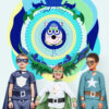 blue superbrother cat wall art in kids space with kids dressed like suerheroes