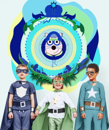 blue superbrother cat wall art in kids space with kids dressed like suerheroes