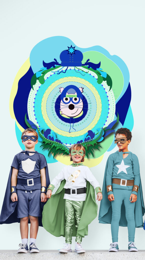 blue superbrother cat wall art in kids space with kids dressed like suerheroes