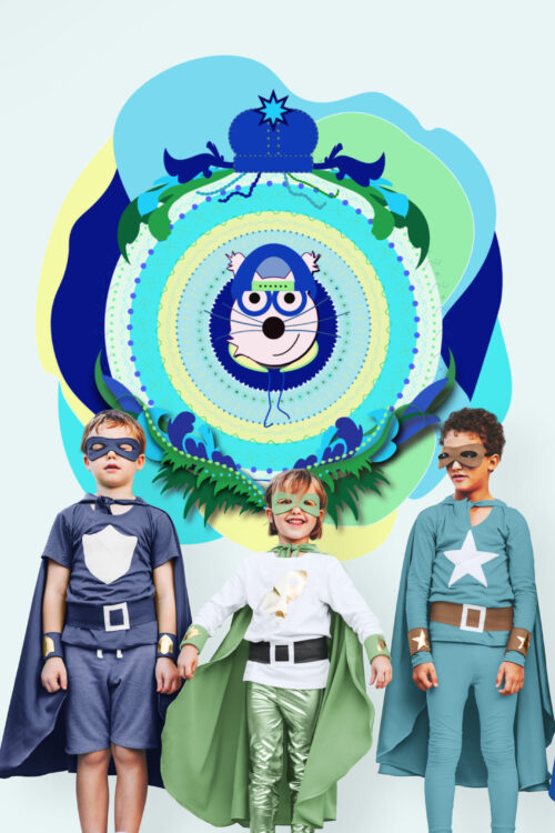 blue superbrother cat wall art in kids space with kids dressed like suerheroes