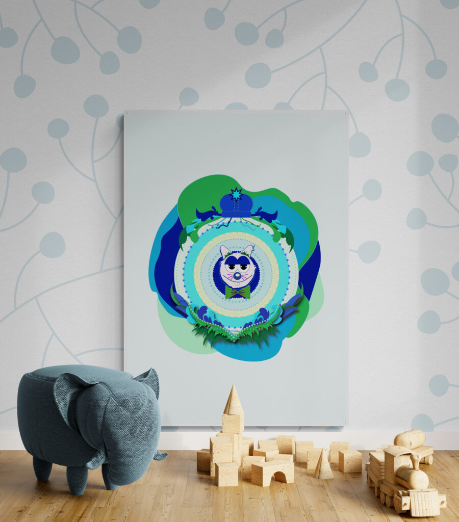 blue-superdad-cat-poster-in-kids-playroom-among-wooden-toys-and-soft-elephant-