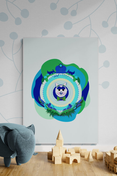 blue-superdad-cat-poster-in-kids-playroom-among-wooden-toys-and-soft-elephant-
