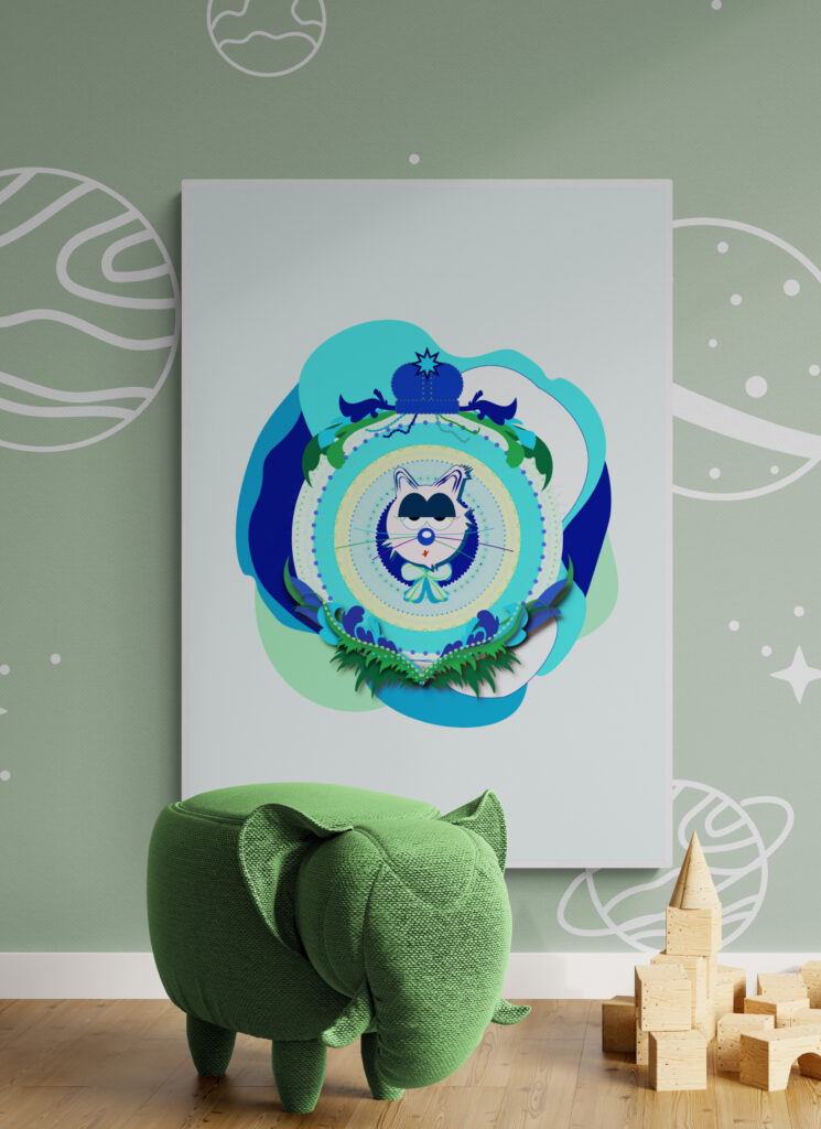 blue-supermum-cat-poster-in-green-kids-playroom