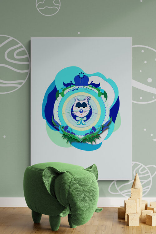blue-supermum-cat-poster-in-green-kids-playroom