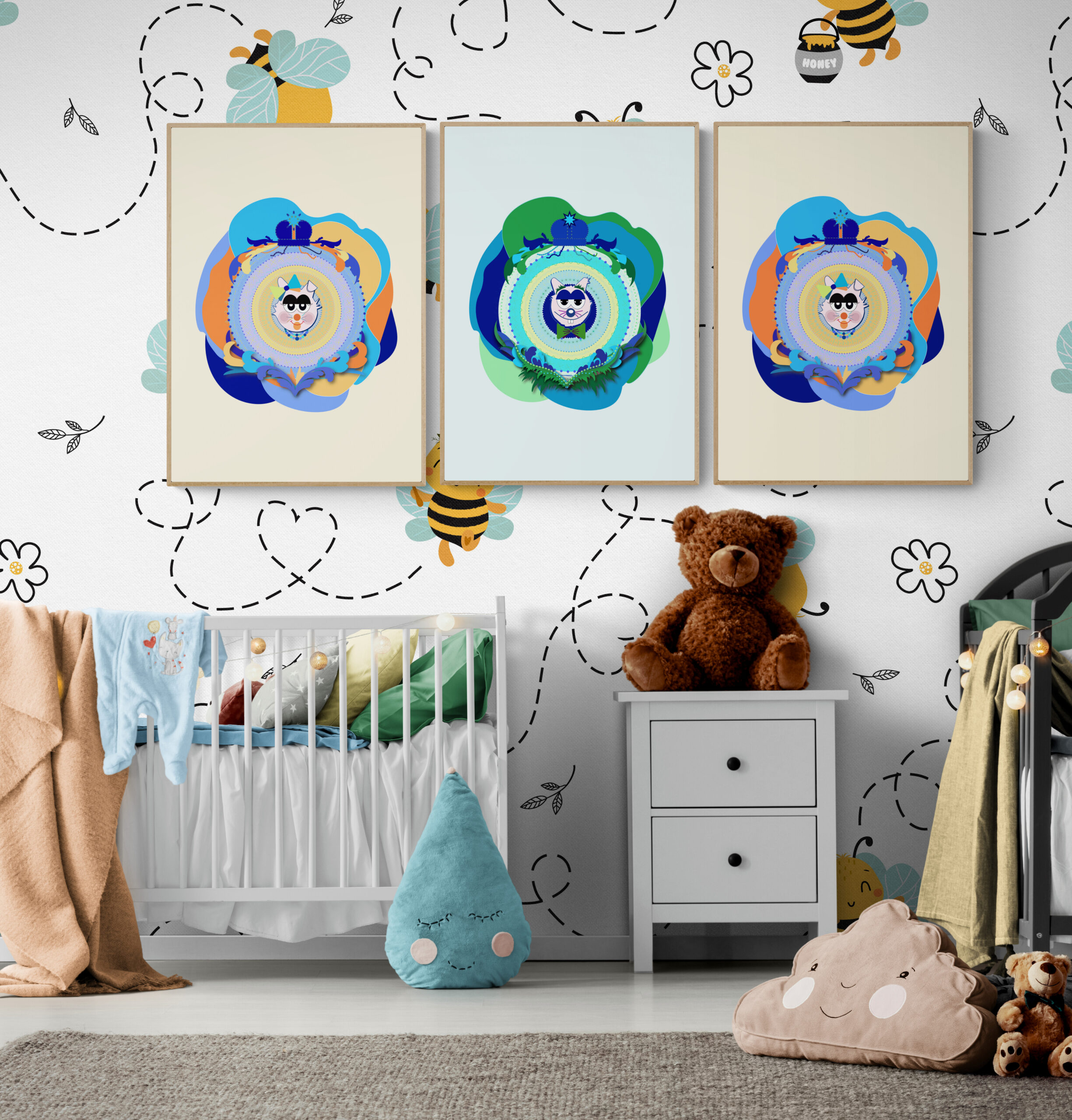 Colorful Supercat posters for a cozy nursery. Framed art features Supermum, Superbaby, and Supersister cats in a room with a crib, teddy bear, and rocking chair.