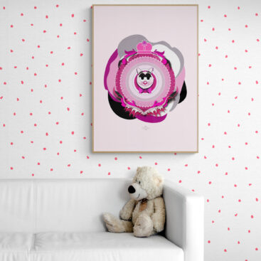 Framed poster featuring Magenta Superdad Cat. The cartoon cat has a funny expression with prominent teeth and wears a big bow tie. The Superdad Cat poster hangs on a dotted wallpaper wall above a sofa, with a teddy bear nearby.