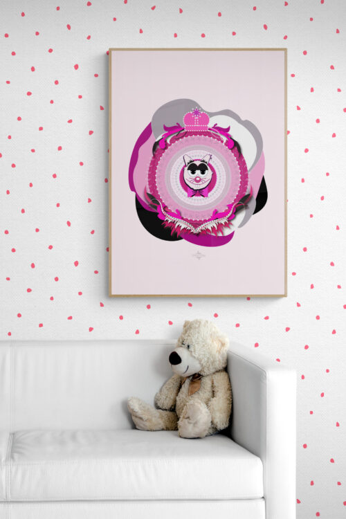 Framed poster featuring Magenta Superdad Cat. The cartoon cat has a funny expression with prominent teeth and wears a big bow tie. The Superdad Cat poster hangs on a dotted wallpaper wall above a sofa, with a teddy bear nearby.