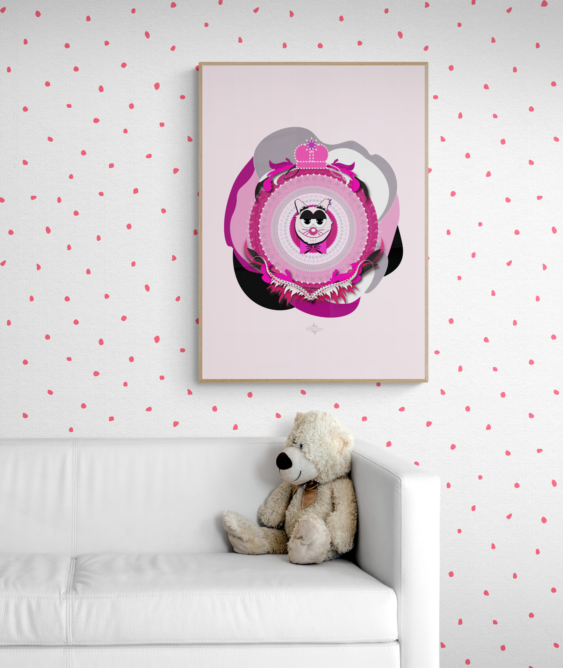 Framed poster featuring Magenta Superdad Cat. The cartoon cat has a funny expression with prominent teeth and wears a big bow tie. The Superdad Cat poster hangs on a dotted wallpaper wall above a sofa, with a teddy bear nearby.