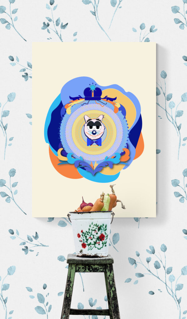 ellow Superdad Cat Poster in a Child's Room: A bright yellow poster featuring Superdad Cat hangs on a wall decorated with colorful floral wallpaper.