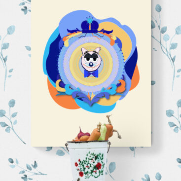 ellow Superdad Cat Poster in a Child's Room: A bright yellow poster featuring Superdad Cat hangs on a wall decorated with colorful floral wallpaper.