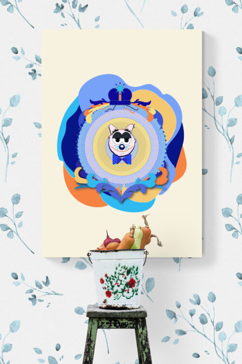 ellow Superdad Cat Poster in a Child's Room: A bright yellow poster featuring Superdad Cat hangs on a wall decorated with colorful floral wallpaper.