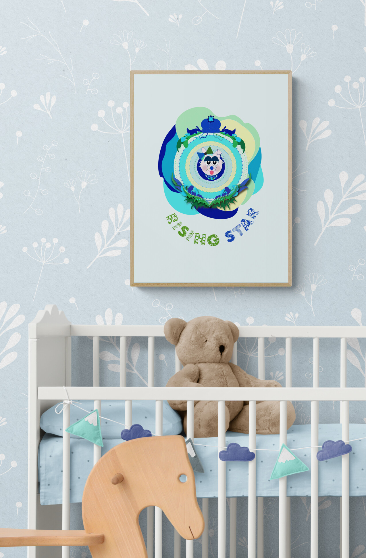 baby's crib with teddy and blue supersister cat poster decoration with slogan rising star
