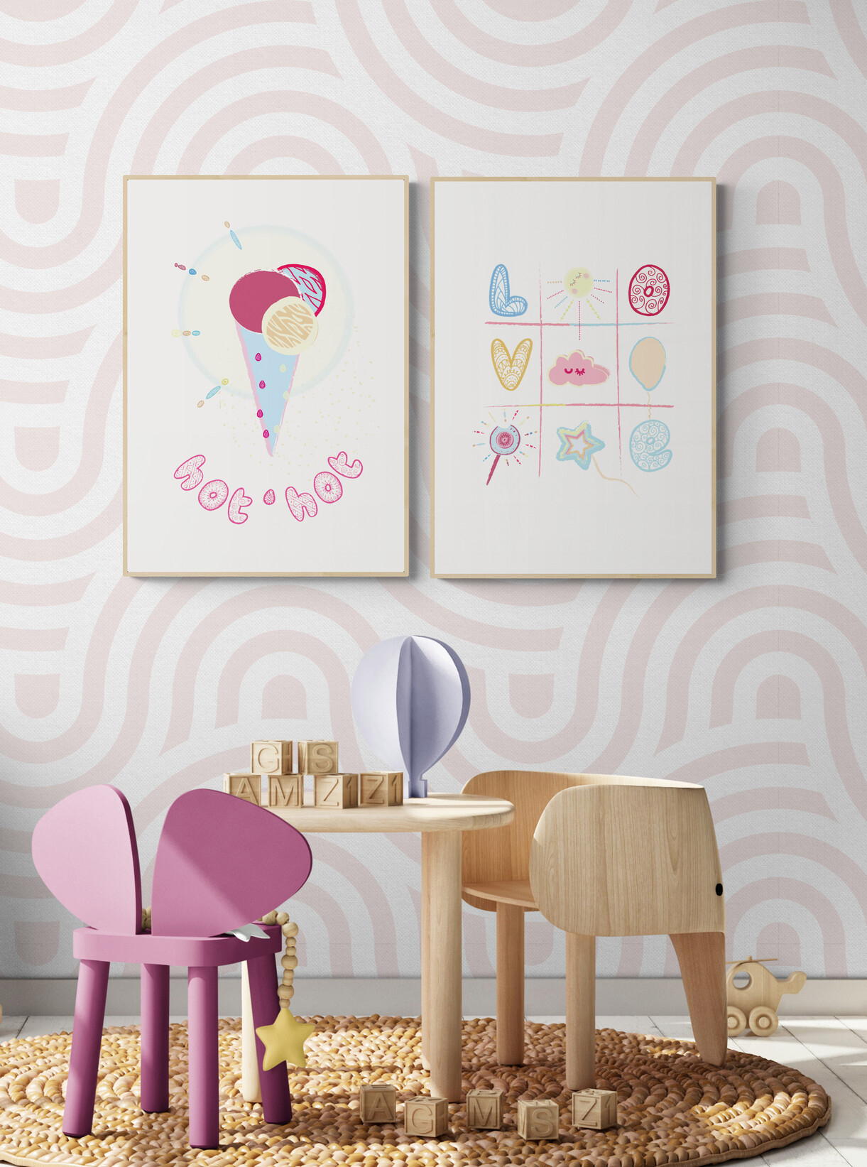 kids playroom with wooden table and little chairs decorated with colourful and funny summer collection posters