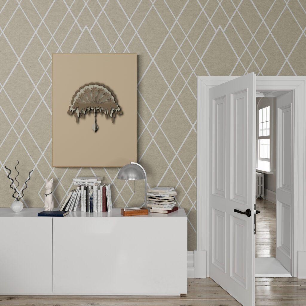 brown ornamental poster in White_cabinet_in_hallway