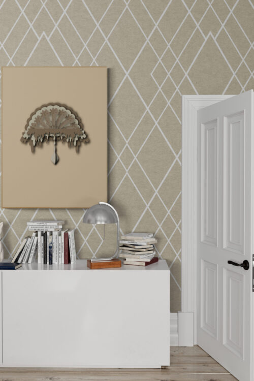 brown ornamental poster in White_cabinet_in_hallway