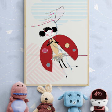 lola bff kite wall art hang above the collection-of-soft-toy-animals-on-sofa