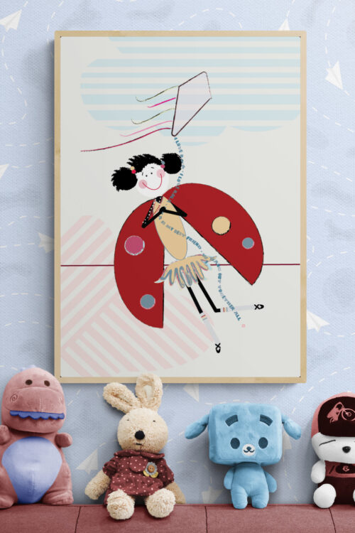 lola bff kite wall art hang above the collection-of-soft-toy-animals-on-sofa