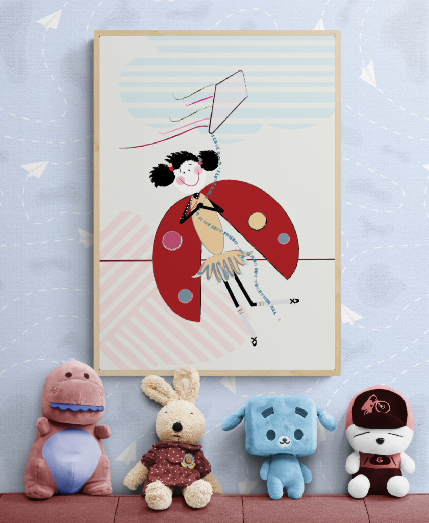 lola bff kite wall art hang above the collection-of-soft-toy-animals-on-sofa