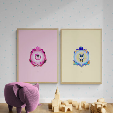 pink girl and pink baby fraed posters decoration in Kids_playroom_with_elephant_stool