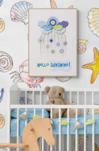 hello sunshine blue clouds framed poster white-wooden-cot-and-rocking-horse-in-nursery