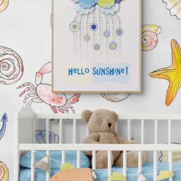 hello sunshine blue clouds framed poster white-wooden-cot-and-rocking-horse-in-nursery