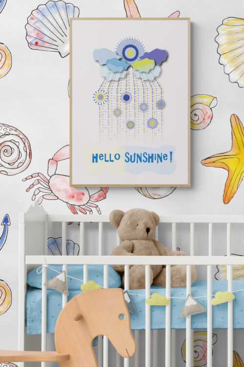 hello sunshine blue clouds framed poster white-wooden-cot-and-rocking-horse-in-nursery