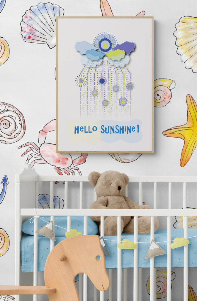 hello sunshine blue clouds framed poster white-wooden-cot-and-rocking-horse-in-nursery
