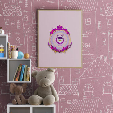 pink mum cat framed poster in kids-playroom-with-box-shelving