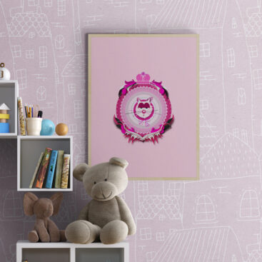 pink mum cat poster in kids-playroom-with-box-shelving