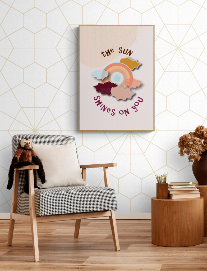 the sun shines on you framed poster in elegant beige Comfy_kids_bedroom_with_natural_tones
