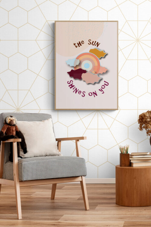 the sun shines on you framed poster in elegant beige Comfy_kids_bedroom_with_natural_tones