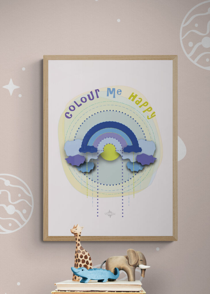 colour me happy poster in kids-wooden-toys-sitting-on-book