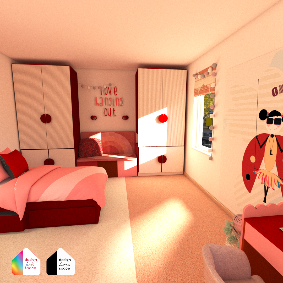 Pink room for school girl with Ladybird Lola and hanging our corner