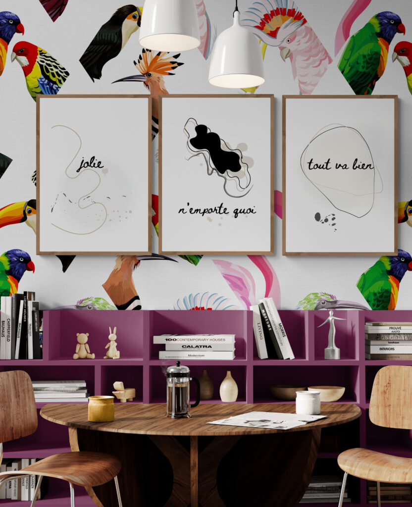 cosy room with colourful bird wallpaper and french posters gallery wall