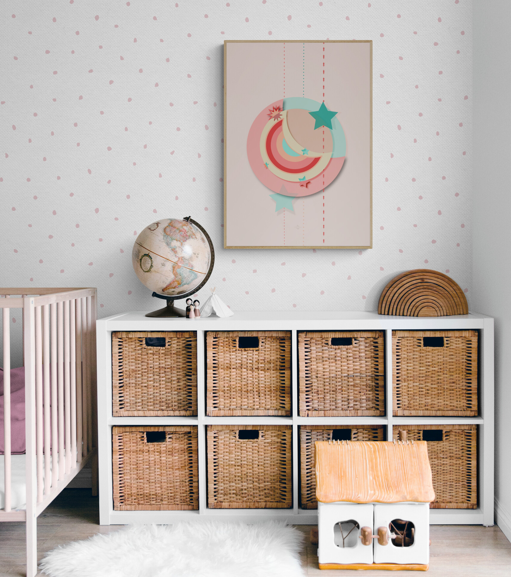 Red and green moon framed poster in a vintage look nursery with rattan decor